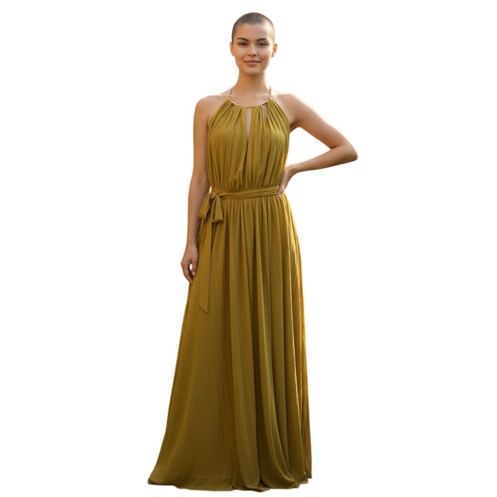 CqbyCq Flowy Deep V-Neck Maxi Dress With Tie Yellow Size Large - Picture 1 of 9